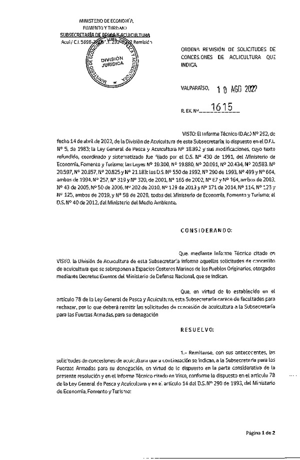 Res. Ex. N° 1615-2022 Ordena remisión de solicitudes de concesiones de acuicultura que indica.