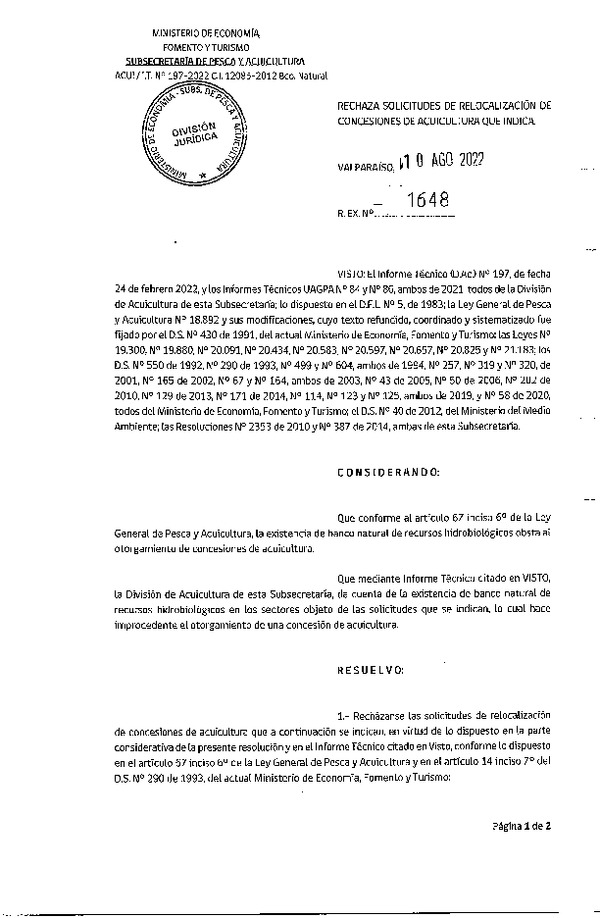 Res. Ex. N° 1648-2022 Rechaza solicitudes de relocalización de concesiones de acuicultura que indica.