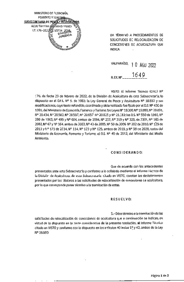 Res. Ex. N° 1649-2022 Da término de procedimientos solicitudes de relocalización de concesiones de acuicultura que indica.