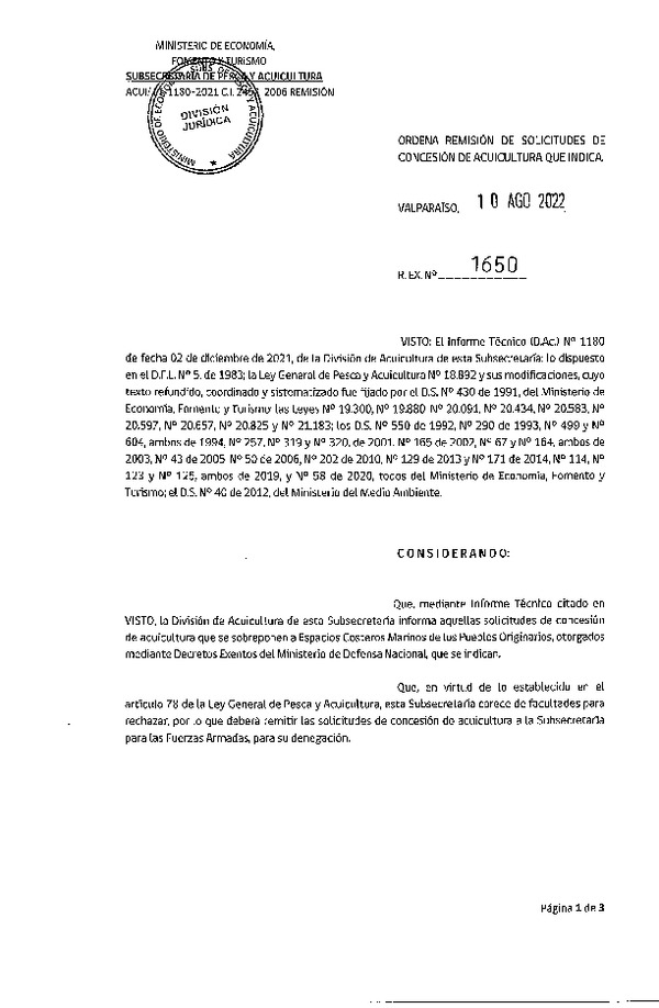 Res. Ex. N° 1650-2022 Ordena remisión de solicitudes de concesiones de acuicultura que indica.