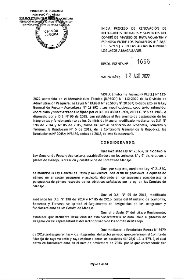 Res. Ex. N° 1655-2022 Inicia Proceso de Renovación de Integrantes Titulares y Suplentes del Comité de Manejo de Raya Volantín y Raya Espinosa Paralelos 41°28,6 L.S. - 57° L.S. y en la Aguas Interiores de Lagos a Magallanes(Publicado en Página Web 12-08-2022)