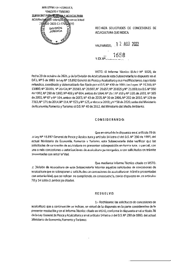 Res. Ex. N° 1658-2022 Rechaza solicitudes de concesiones de acuicultura que indica.