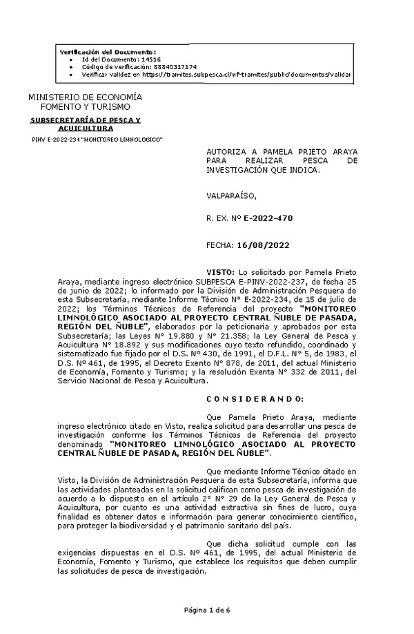 R. EX. Nº E-2022-470 AUTORIZA A PAMELA PRIETO ARAYA PARA REALIZAR PESCA DE INVESTIGACIÓN QUE INDICA. (Publicado en Página Web 16-08-2022)