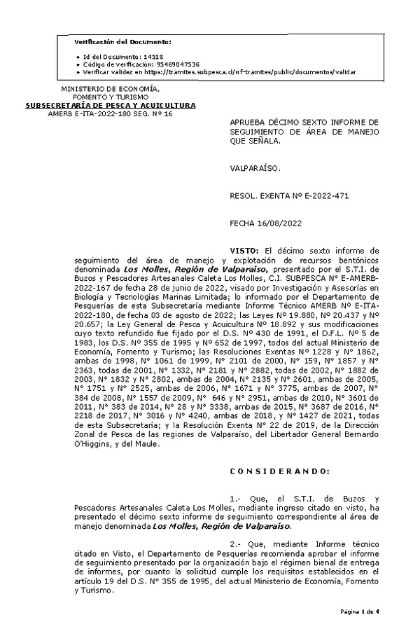 RESOL. EXENTA Nº E-2022-471 Aprueba 16° seguimiento. (Publicado en Página Web 13-05-2021)