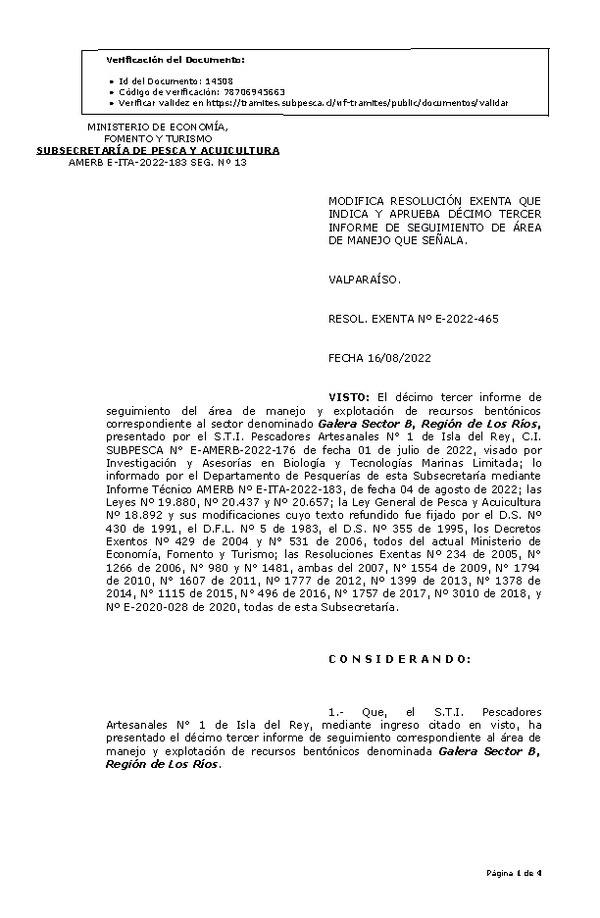 RESOL. EXENTA Nº E-2022-465 Modifica resolución que indica, Aprueba 13° seguimiento. (Publicado en Página Web 16-08-2022)