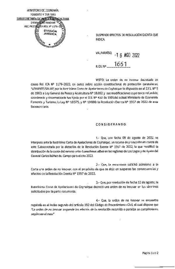 Res. Ex. N° 1661-2022 Suspende Efectos de Res. Ex. N° 1557-2022. (Publicado en Página Web 17-08-2022)