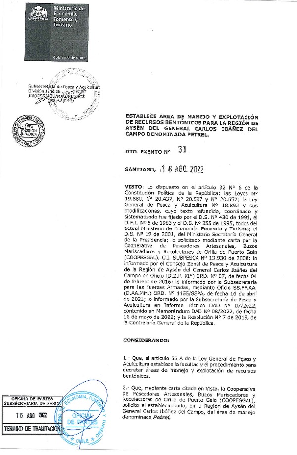 Dec. Ex. N° 31-2022 Establece Área de Manejo Petrel Región de Aysén del General Carlos Ibañez del Campo. (Publicado en Página Web 17-08-2022)