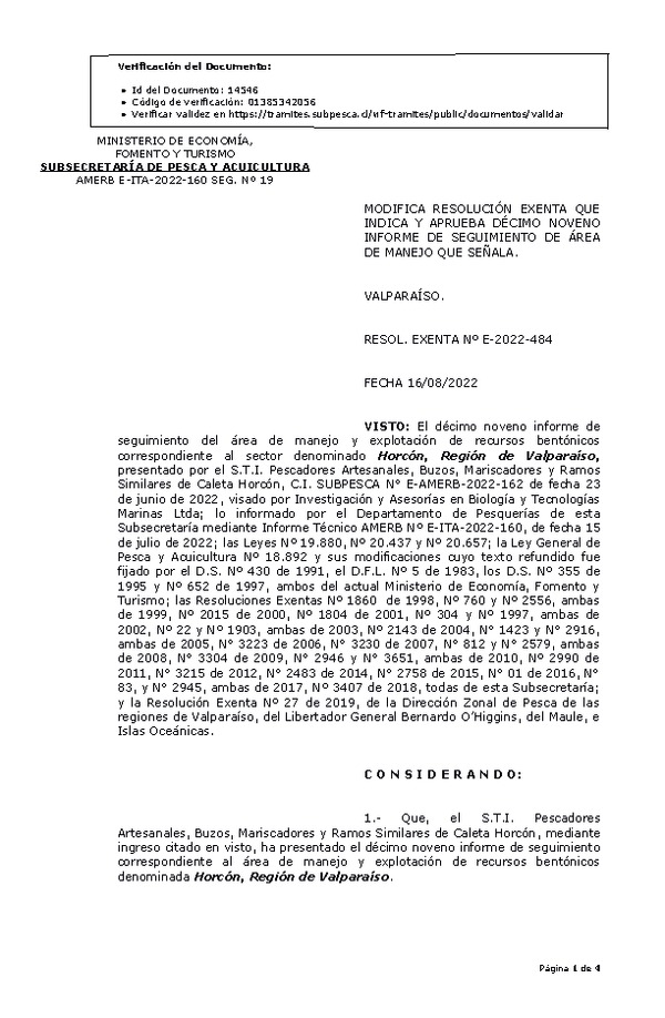 RESOL. EXENTA Nº E-2022-484 Modifica resolución que indica, Aprueba 19°seguimiento. (Publicado en Página Web 18-08-2022)