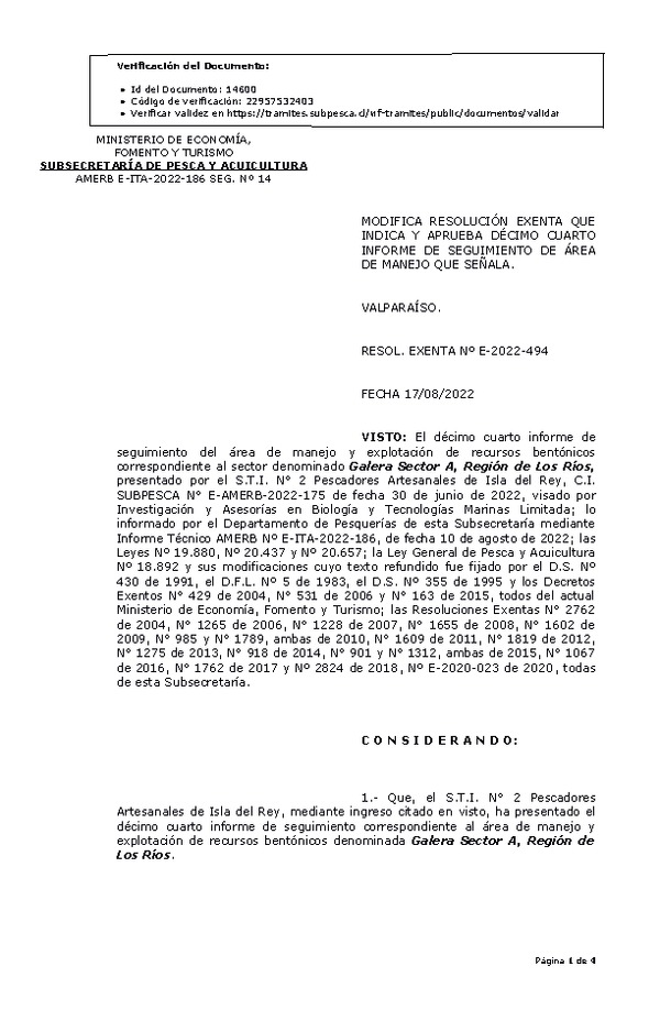 RESOL. EXENTA Nº E-2022-494 Modifica resolución que indica, Aprueba 14°seguimiento. (Publicado en Página Web 18-08-2022)