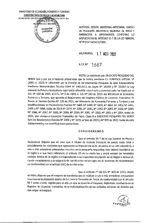 Res. Ex. N° 1667-2022 Autoriza Cesión Anchoveta, Regiones de Arica y Parinacota a Región de Antofagasta. (Publicado en Página Web 18-08-2022)