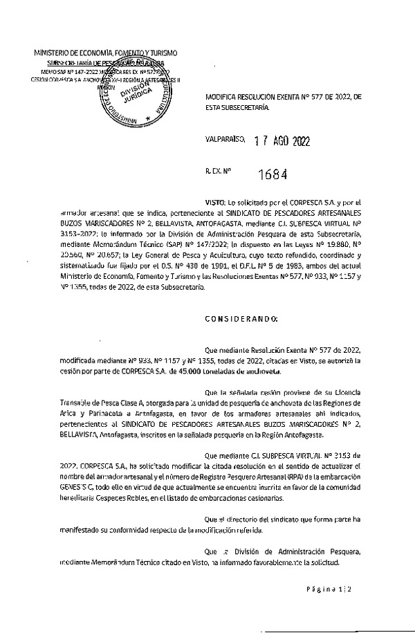 Res. Ex. N° 1684-2022 Modifica Res. Ex. N° 577-2022 Autoriza Cesión Anchoveta, Regiones de Arica y Parinacota a Región de Antofagasta. (Publicado en Página Web 18-08-2022).