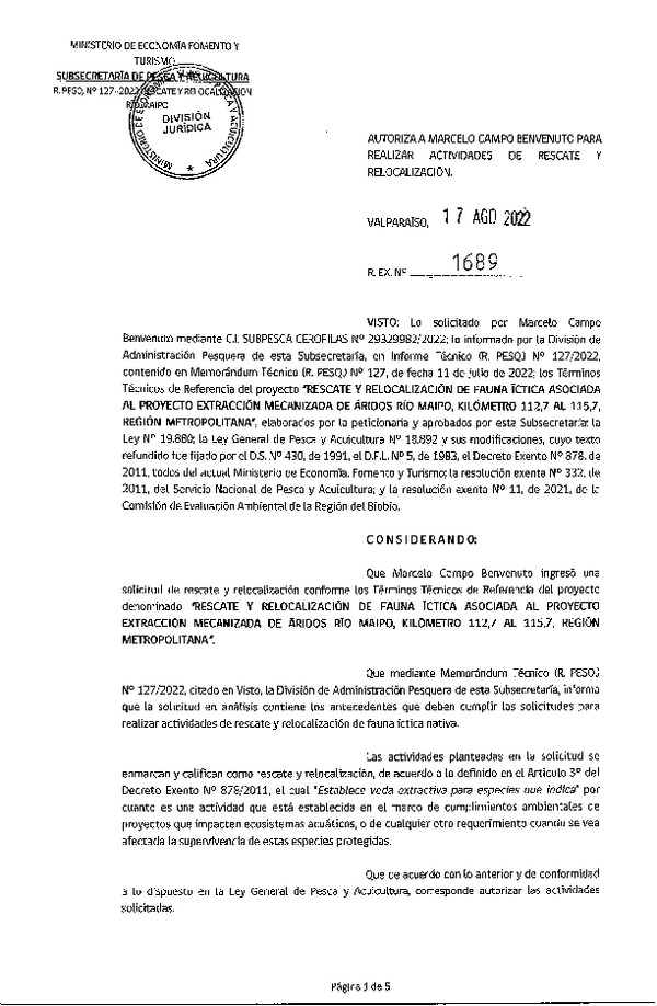 Res. Ex. N° 1689-2022 Rescate y Relocalización de Fauna íctica, Región Metropolitana. (Publicado en Página Web 18-08-2022)