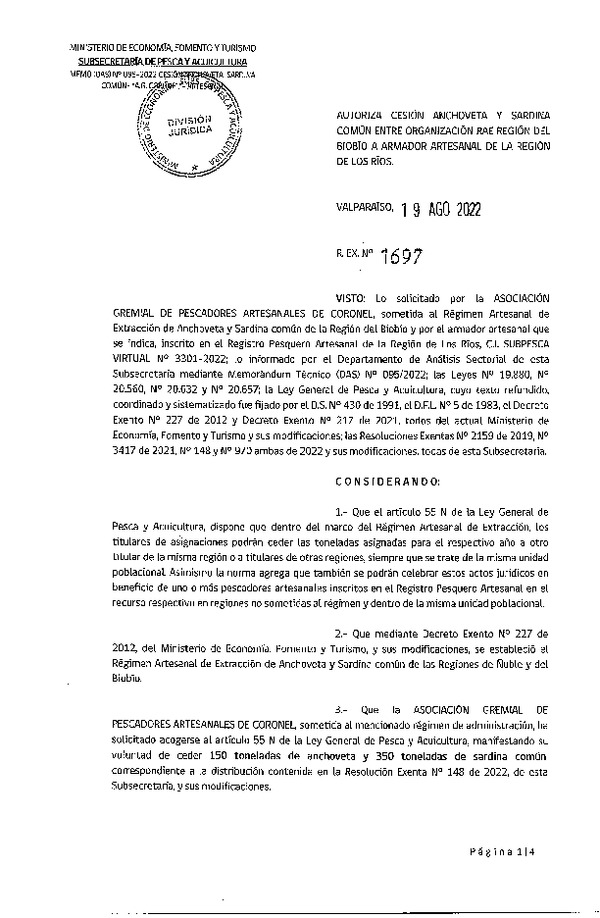 Res. Ex. N° 1697-2022 Autoriza Cesión de Anchoveta y Sardina común, Regiones del Biobío a Los Ríos. (Publicado en Página Web 22-08-2022)