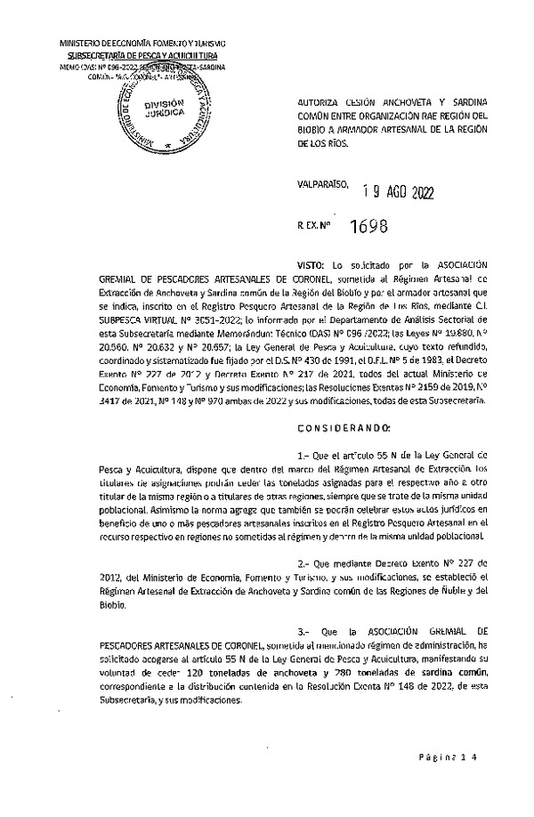 Res. Ex. N° 1698-2022 Autoriza Cesión de Anchoveta y Sardina común, Regiones del Biobío a Los Ríos. (Publicado en Página Web 22-08-2022)