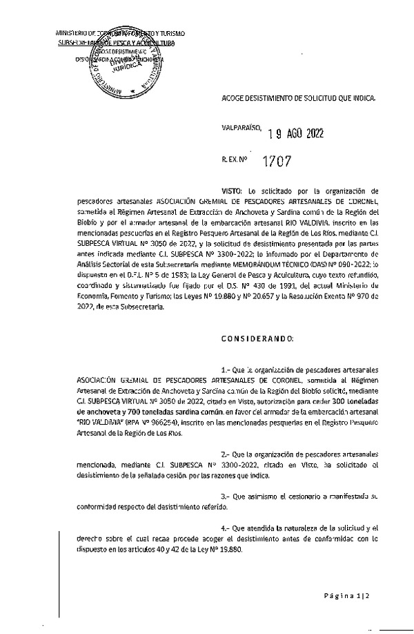 Res. Ex. N° 1707-2022 Acoge desistimiento de solicitud que indica. (Publicado en Página Web 22-08-2022)