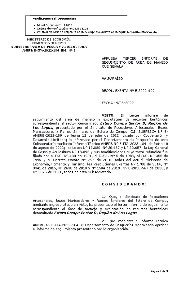 RESOL. EXENTA Nº E-2022-497 Aprueba 3° seguimiento. (Publicado en Página Web 22-08-2022)