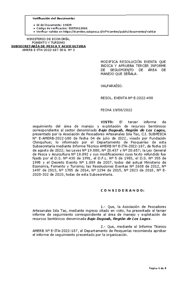 RESOL. EXENTA Nº E-2022-498 Modifica Resolución que Indica. Aprueba 3° Seguimiento. (Publicado en Página Web 22-08-2022)