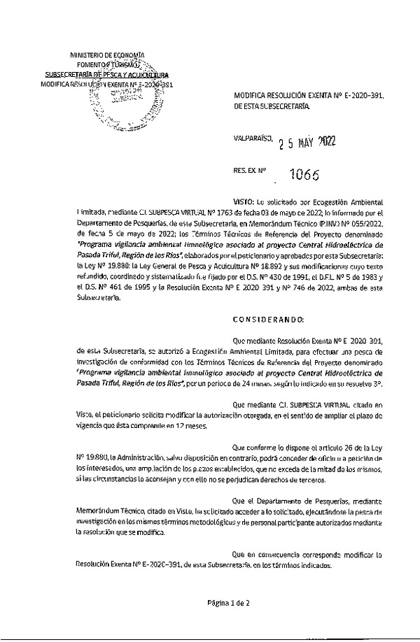 Res. Ex. N° 1066-2022 Modifica R. EX. Nº E-2020-391 Programa vigilancia ambiental limnológico asociado al proyecto Central Hidroeléctrica de Pasada Truful, Región de Los Ríos. (Publicado en Página Web 26-05-2022)