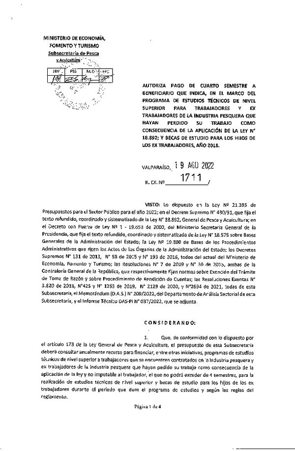 Res. Ex. N° 1711-2022 Autoriza pago de cuarto semestre a beneficiario que indica, en el marco del programa que señala. (Publicado en Página Web 23-08-2022)