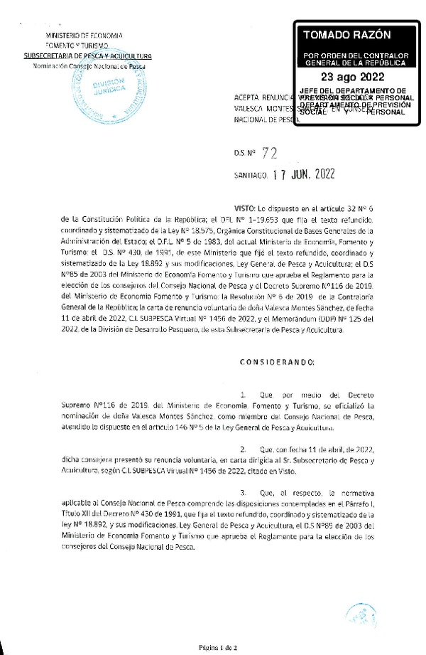 D.S. 72-2022 Acepta Renuncia Voluntaria de Doña Valesca Montes Sánchez, en Consejo Nacional de Pesca. (Publicado en Página Web 23-08-2022)