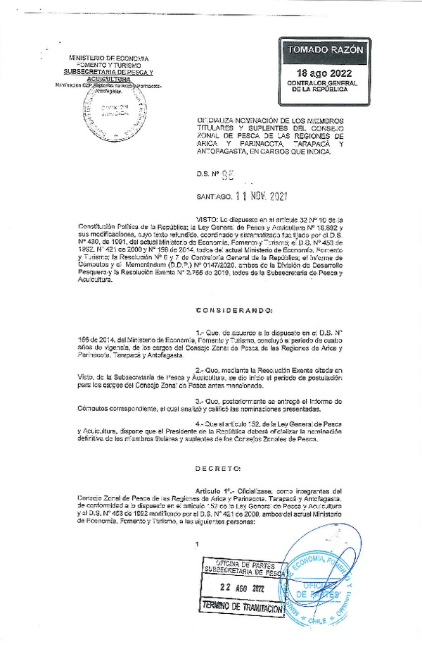 D.S. 85-2021 Oficializa Nominación de los Miembros Titulares y Suplentes del Consejo Zonal de Pesca  las Regiones de Arica y Parinacota, Tarapacá y Antofagasta, en Cargos que Indica. (Publicado en Página Web 23-08-2022)