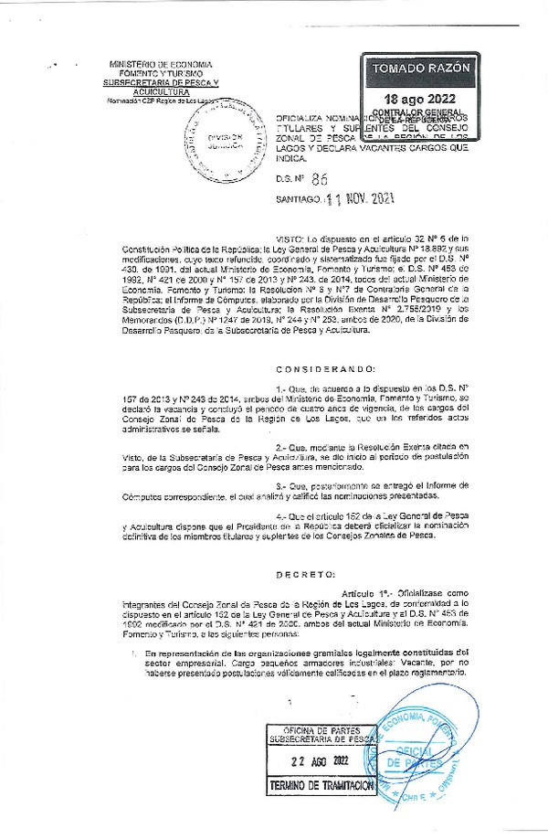 D.S. 86-2021 Oficializa Nominación de los Miembros Titulares y Suplentes del Consejo Zonal de Pesca de la Región de Los Lagos y Declara Vacantes Cargos que Indica. (Publicado en Página Web 23-08-2022)