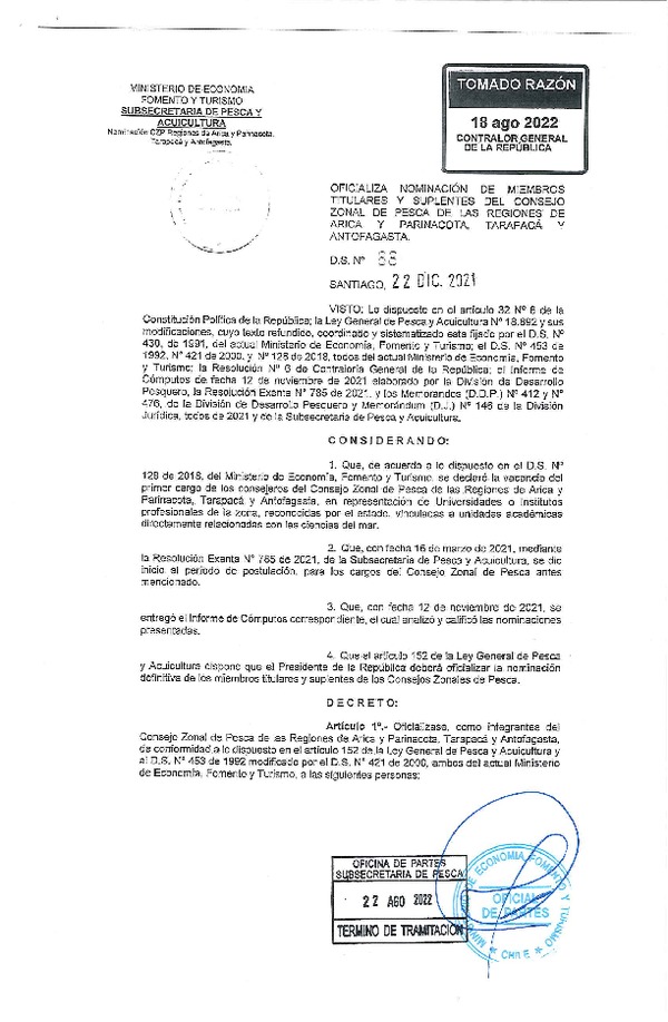 D.S. 88-2021 Oficializa Nominación de Miembros Titulares y Suplentes del Consejo Zonal de Pesca de las Regiones de Arica y Parinacota, Tarapacá y Antofagasta. (Publicado en Página Web 23-08-2022)