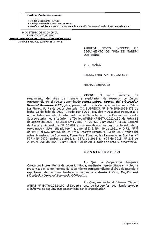 RESOL. EXENTA Nº E-2022-502 Aprueba 6° Seguimiento. (Publicado en Página Web 24-08-2022)