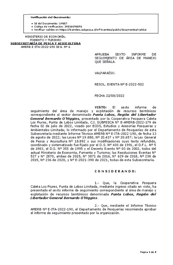 RESOL. EXENTA Nº E-2022-502 Aprueba 6° Seguimiento. (Publicado en Página Web 24-08-2022)