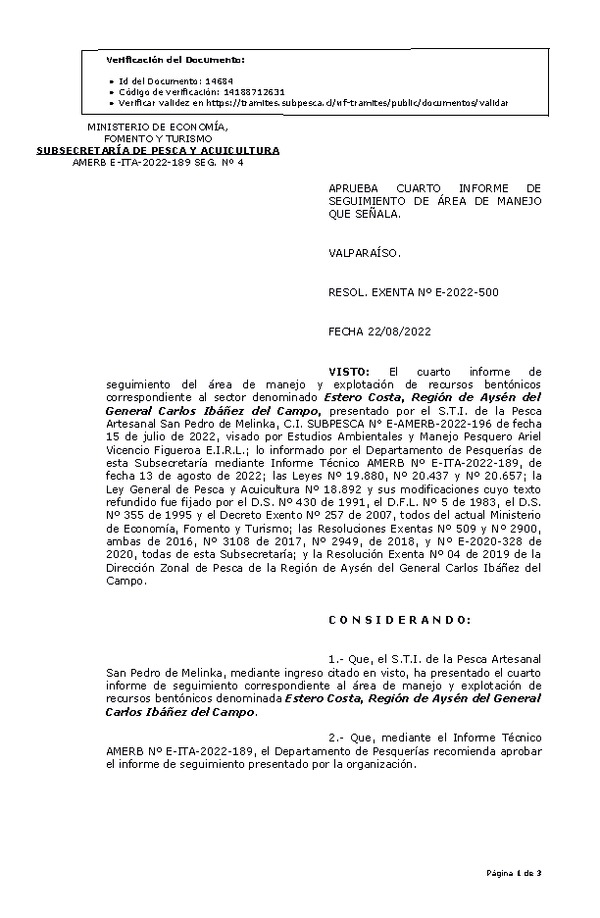 RESOL. EXENTA Nº E-2022-500 Aprueba 4° Seguimiento. (Publicado en Página Web 24-08-2022)