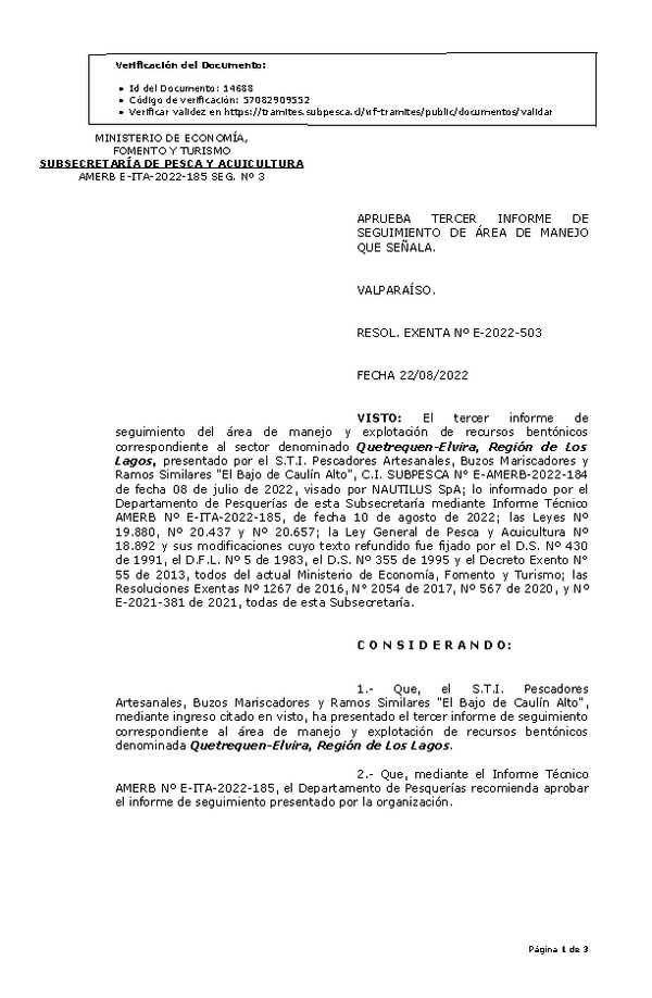 RESOL. EXENTA Nº E-2022-503 Aprueba 3° Seguimiento. (Publicado en Página Web 24-08-2022)