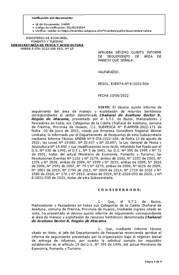 RESOL. EXENTA Nº E-2022-504 Aprueba 15° Seguimiento. (Publicado en Página Web 24-08-2022)