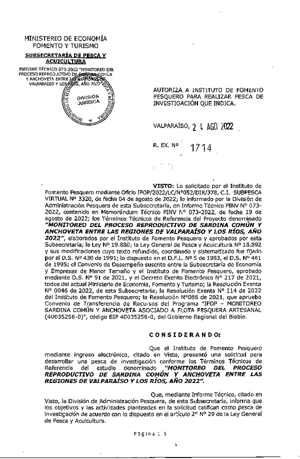 Res. Ex. N° 1714-2022 MONITOREO DEL PROCESO REPRODUCTIVO DE SARDINA COMÚN Y ANCHOVETA ENTRE LAS REGIONES DE VALPARAÍSO Y LOS RÍOS, AÑO 2022. (Publicado en Página Web 24-08-2022)