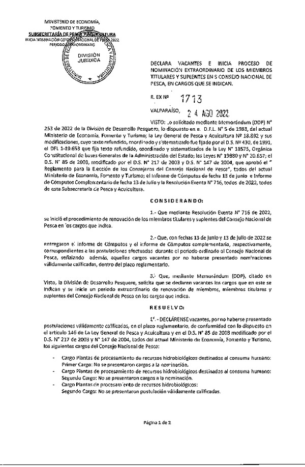 Res. Ex. N° 1713-2022 Decalra Vacantes e Inicia Proceso de Nominación Extraordinario de los Miembros Titulares y Suplentes en el Consejo Nacional de Pesca, en Cargos que se Indican. (Publicado en Página Web 24-08-2022)