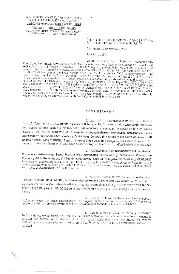 Res. Ex. N° 101-2022 (DZP Ñuble y del Biobío) Deja sin efecto Res. Ex. N° 040-2022 (DZP Ñuble y del Biobío) Autoriza cesión Sardina común y Anchoveta. (Publicado en Página Web 24-08-2022)