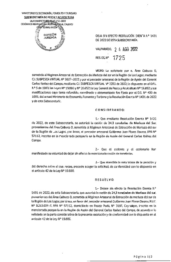 Res. Ex. N° 1725-2022 Deja sin efecto Res. Ex. N° 1431-2022 Autoriza Cesión de Merluza del Sur, regiones de Los Lagos - Aysén. (Publicado en Página Web 24-08-2022)