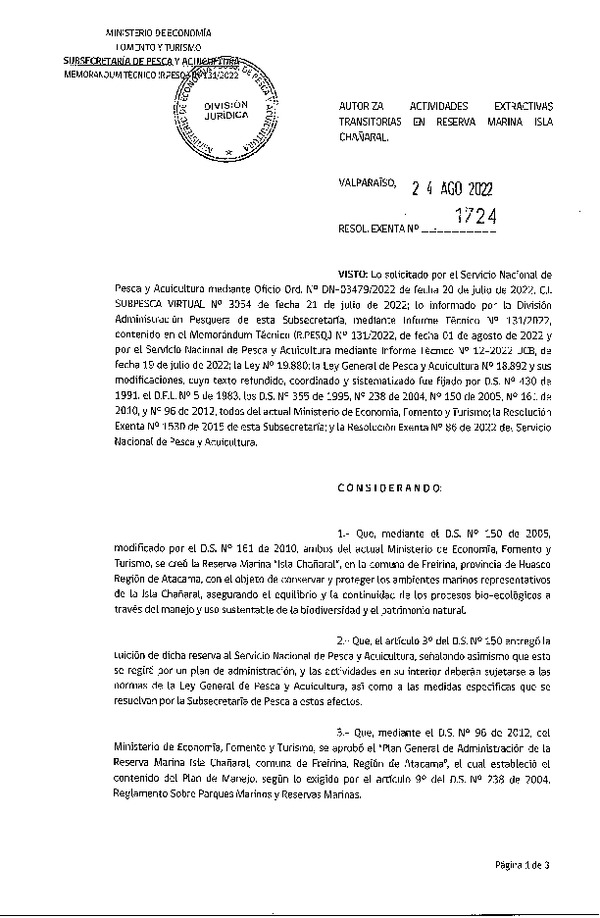 Res. Ex. N° 1724-2022 Autoriza Actividades Extractivas Transitorias en Reserva Marina Isla Chañaral, Región de Atacama. (Publicado en Página Web 24-08-2022)