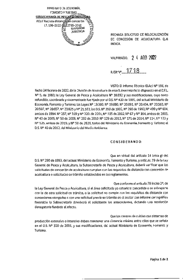 Res. Ex. N° 1718-2022 Rechaza solicitud de relocalización de concesión de acuicultura que indica.