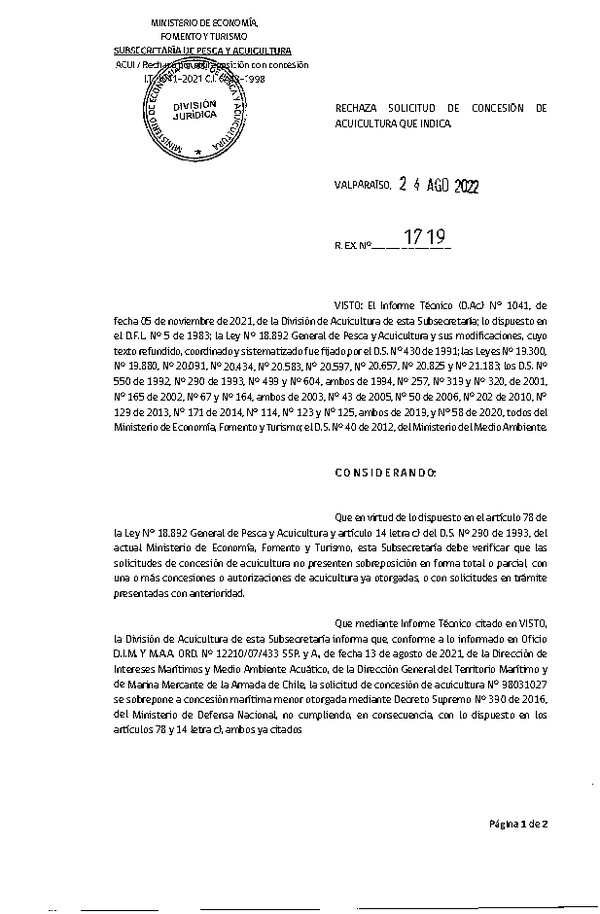 Res. Ex. N° 1719-2022 Rechaza solicitud de concesión de acuicultura que indica.