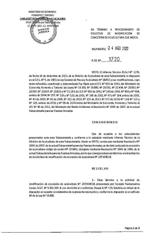 Res. Ex. N° 1720-2022 Da término a procedimiento de solicitud de modificación de concesión de acuicultura que indica.