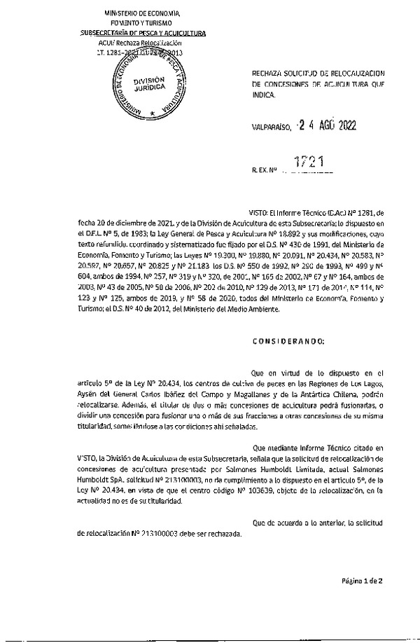 Res. Ex. N° 1721-2022 Rechaza solicitud de relocalización de concesiones de acuicultura que indica.