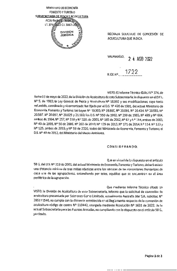 Res. Ex. N° 1722-2022 Rechaza solicitud de concesión de acuicultura que indica.