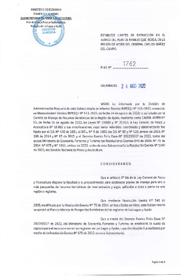 Res. Ex. Nº 1762-2022 Establece Límites de Extracción en el Marco del Plan de Manejo de Pesquerías Bentónicas, en la Región de Aysén del General Carlos Ibañez del Campo. (Publicado en Página Web 24-08-2022)