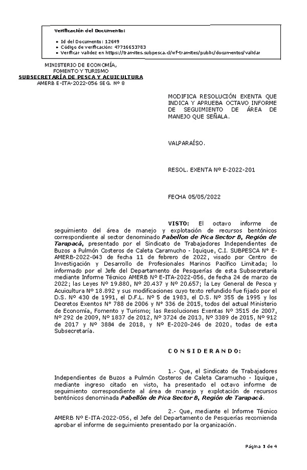 RESOL. EXENTA Nº E-2022-201 Modifica resolución que indica, Aprueba 8° Seguimiento. (Publicado en Página Web 06-05-2022)