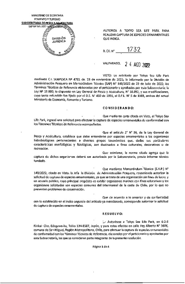 Res. Ex. 1732-2022 Autoriza a Tokio Life Park para Realizar Captura de Especies Ornamentales que Indica. (Publicado en Página Web 25-08-2022)