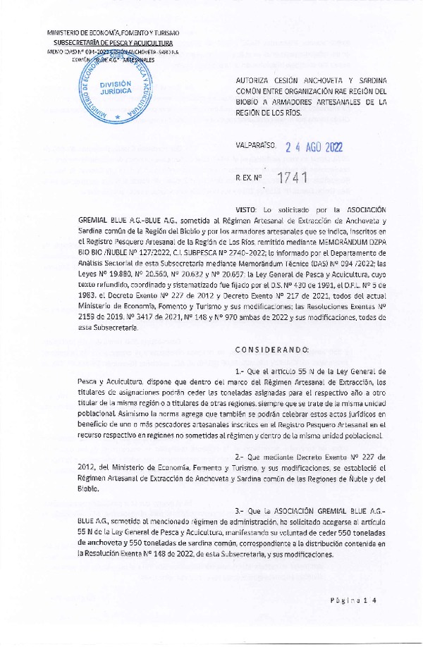 Res. Ex. N° 1741-2022 Autoriza Cesión de Anchoveta y Sardina común, Regiones del Biobío a Los Ríos. (Publicado en Página Web 25-08-2022)