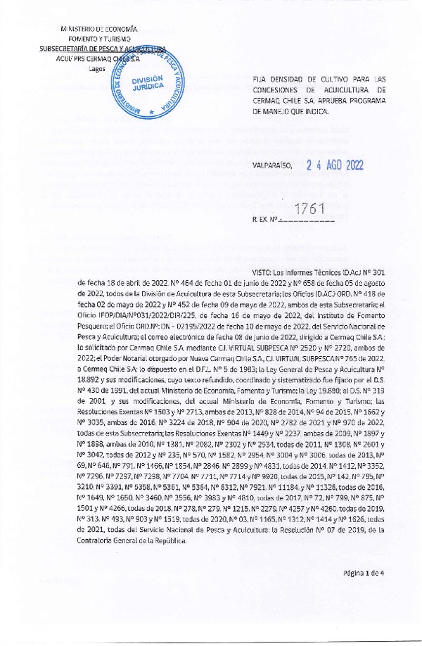 Res. Ex. N° 1761-2022 Fija densidad de cultivo para las concesiones de acuicultura de titularidad de Cermaq Chile S.A. (Con Informe Técnico) (Publicado en Página Web 25-08-2022).