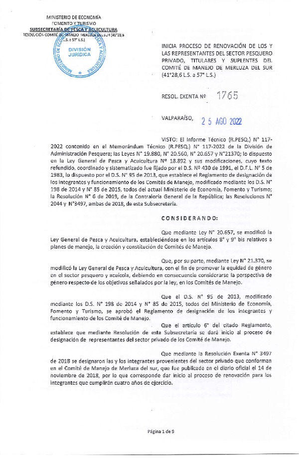 Res. Ex. N° 1765-2022 Inicia Proceso de Renovación de los y las Representantes del Sector Pesquero Privado, Titulares y Suplentes del Comité de Manejo de Merluza del Sur. (41°28,6 L.S. a 57 L.S.). (Publicado en Página Web 25-08-2022)