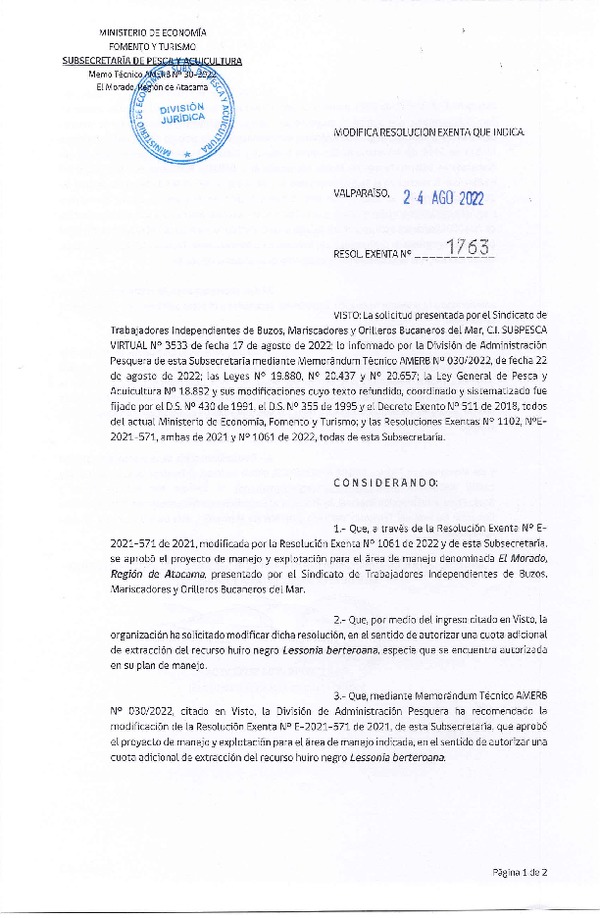 Res. Ex. N° 1763-2022 Modifica Res. Ex. E-2021-571 que Aprueba Plan de Manejo. (Publicado en Página Web 25-08-2022)