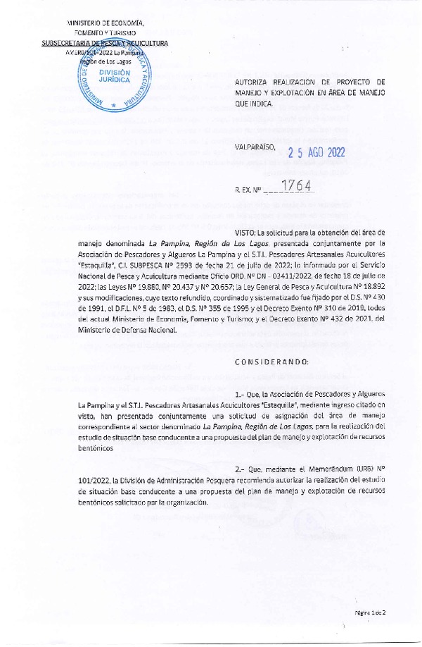 Res. Ex. N° 1764-2022 Aprueba Proyecto de Manejo. (Publicado en Página Web 25-08-2022)